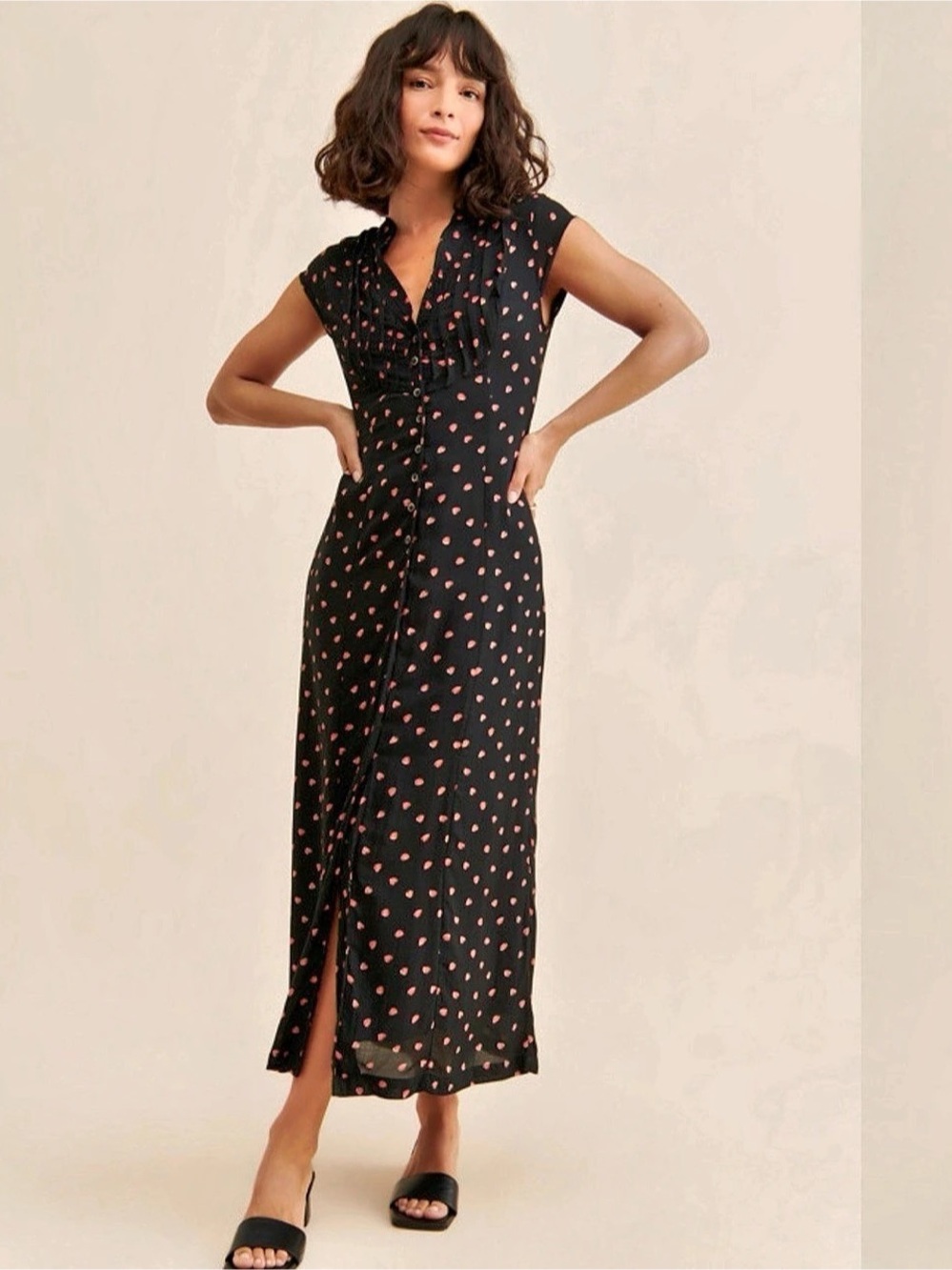 Free People Rosemary Strawberry Print Midi Dress Black Red Cottagecore Medium
